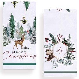 Merry Christmas Tree Deer Kitchen Towels and Dish Towels, 18 x 28 Inch Xmas Winter Berry Wreath Drying Cloth Tea Towels for Cooking Baking Set of 2