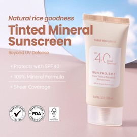 THANKYOU FARMER Sun Project Rice Tinted Mineral Sunscreen SPF40 Broad Spectrum - Korean Face Sunscreen with Zinc Oxide - Tinted SPF with No White Cast, Dermatologist-Tested - 1.69 fl oz