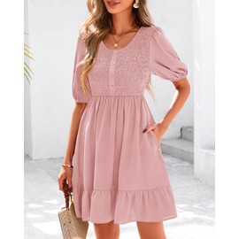 BTFBM Spring Empire Waist Dress for Women 2025 Summer Smocked Crewneck Puff Short Sleeve Beach Vacation Mini Dresses(Pink, Small)