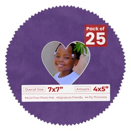 Poster Palooza 4x5 Mat For 7x7 Frame - Precut Purple Crocus Suede Heart Shaped Photo Mat Board Opening - Acid Free Matte to Protect Your Pictures - Bevel Cut for Family Photos, Pack of 25 Matboards