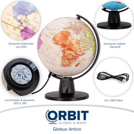 ORBIT Globes & Maps - Retro-Globus - 16cm Mini-Leucht-Globus im antiken Vintage-Stil mit stabilem, schwarzem Standfuß, Kartenbild 2025 politisch mit LED Leuchte, aktuelles deutsches Kartenbild