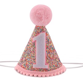 1 st Birthday Confetti Cone Hat, White Glitter Birthday Hat with Pink Pom Topper First Birthday Rainbow Hat for Birthday Party, Glitter Birthday Photo Props Hat for Boys and Girls, Pastel Rainbow Hat