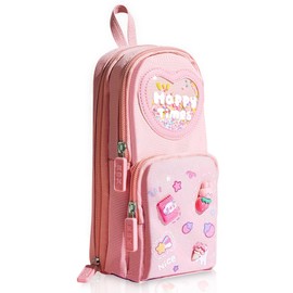 KU Pencil Case Cartoon Pattern Large Pencil Case 3 Compartments Large Capacity Pencil Case for Students Children Girls Boys Multifunctional Pencil Case for School Office Pink, pink, Beautiful