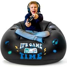 Inflatable Gaming Chair for Kids, Gaming Bean Bag Chair for Teens - Cool Boys Room Furniture with Cup Holder and Side Pocket, Perfect Gamer Decor for Boys Room, Kids Room Chair, Black Video Game Chair