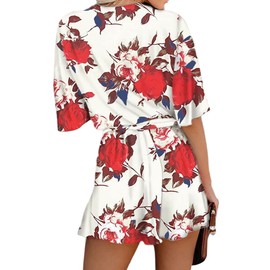 Relipop Women's Summer Romper Floral Print V Neck Flared Half Sleeve Elastic Tie Waist Ruffle Casual Rompers Jumpsuits