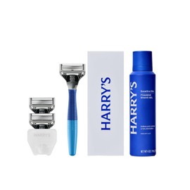 Harry's Razors for Men – El kit de afeitado para hombre incluye un mango de afeitar para hombre, 3 recambios de cuchillas de afeitar, cubierta de hoja de viaje y gel de afeitado de 4 onzas (azul océano)