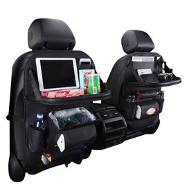 HURESON Upgraded Car Back Seat Organizer with Trash Can Foldable Table Tray Tissue Holder Backseat Car Organizer Kick Mats Back Seat Protector for Kids (tray+trash black 2pcs)