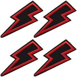 PAGOW 4pcs Lightning Bolt Iron on Patch, Sew-on Flash Embroidered Patches, DIY Appliques Decoration for Hats, Shoes, Clothes, Backpacks, Caps, Motorcycle Jackets (Black & Red, 2.5x1 Inch)