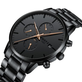 NIBOSI Men's Watches Analog Minimalist Black Dial Watches for Men Business Chronograph Military Casual Wrist Watches Stainless Steel Strap Date