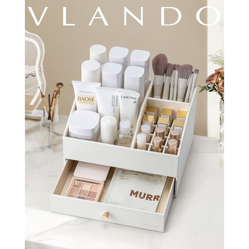Vlando Makeup Organzier,Vanity Organizer with Drawers, PU Leather Skincare Organizer
