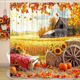 Viajar - Cortina de ducha de otoño, bosque de otoño, hojas doradas, granja, tela de poliéster, accesorios de baño, con ganchos, 72 x 72 pulgadas