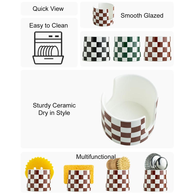 Checkered Sponge Holder for Kitchen Sink, Ceramic Dish Sponge Drying