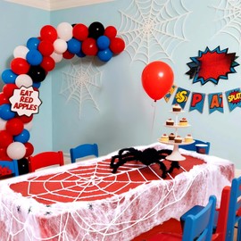 Kinlop 9 Pcs Spider Birthday Party Decorations, 54 x 108 Inch Red Plastic Disposable Spider Tablecloth, Spiderweb, 6 Pcs Araneids and Cotton, Themed Table Centerpieces Decor for Party Supplies