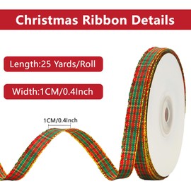 KINGLAKE Christmas Ribbon 3/8" Christmas Checkered Plaid Ribbon Red Green Gingham Ribbon 25 Yard Thin Christmas Tartan Ribbon for Crafts Holiday Gift Wrapping, Christmas Tree Wreaths Decoration