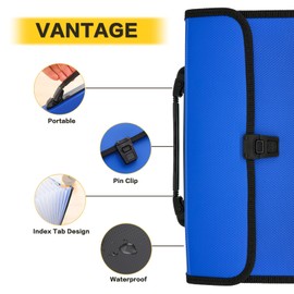 File Folders 13 Pocket with Handle,A4 File Organizer with Mesh Bag and Lid，Folder Large Capicity ，File Folder Waterproof,Accordion File Organizer for Home Office School-Blue/Black