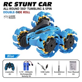 Remote Control Car, New Upgraded Double-Sided 360° Rotating RC Toy Cars with LED Headlights, 2.4GHz Rechargeable Electric Race Stunt Car with 4WD, Best Gift for 6-12 Year Old Boys and Girls (Blue)