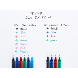 Pilot V5 Hi-Tecpoint Rollerball Pen - Fine 0.5mm Nib Tip - 0.3mm Line Width - Teacher's Pillow Pack of 3 - Black, Blue & Green Set