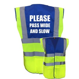 Equestrian Please Pass Wide And Slow Hi Viz Vis Vest Horse Riding Reflective Waistcoat Jacket Road Safety Visibility Yellow/Blue Large