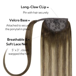 HOTBANANA Ponytail Extension, 14 Inch Ponytail Extension Human Hair Clip in Wrap Around Ponytail Hair Piece Chocolate Brown to Caramel Blonde Long Straight Remy Human Hair Extension 75g