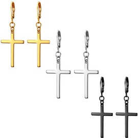 3 Pairs Mens Cross Drop Dangle Earrings Set Hanging Dangling Crucifix Hinged Earingings Stainless Steel Black Gold Silver