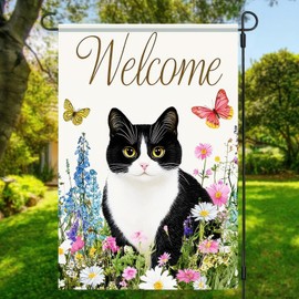 BlissYard Spring Welcome Black White Cat Garden Flag 12×18 Inch Double Sided Small Black Cat Flower Floral Garden Yard Flags for Spring Summer Outside Outdoor House Seasonal Decoration Flag