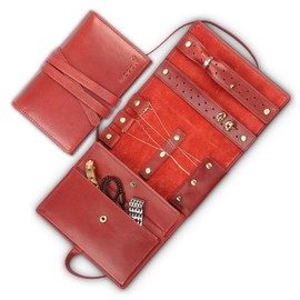 MOGGLY Compact Foldable Travel Jewelry Case - Genuine Cowhide Leather, Tangle-Free Slots for Necklace, Earring, Ring - Wallet-Sized Holder for Jewelry & Accessories