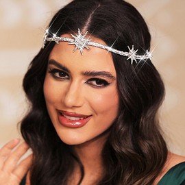 JEAIRTS Rhinestone Headband Silver Star Hair Band Sparkly Bridal Forehead Crystal Headpiece Prom Rave Hair Accessories for Women and Girls
