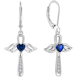BELRYO 925 Sterling Silver Guardian Angel Cross Earrings for Women Leverback Earrings Religious Jewelry Cross Angel Wing dangle Earrings Christian Gift September Birthstone Sapphire Color