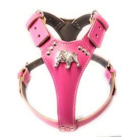 Beautiful Deep Pink Leather Dog Harness with English Bulldog Head Motif (Silver Fittings)
