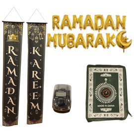 Ramadan Kareem Banner Hanging Decor and Ramadan Foil Balloons for Indoor Outdoor Decoration Islamic Muslim Party Supplies and Ring Counter 72"x12" (RK+FOIL+Ring CTR)
