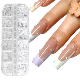 1 Box/12 Grid Nail Art Rhinestones, Perfect Nail Charms for Women, Acrylic Decorations Design, White Flat Back Semicircular Beads - Creative and Unique Nail Design