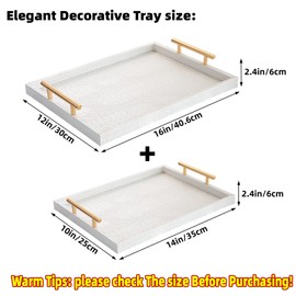 JUMBO HUMBLE Modern Elegant Large Wood Serving Tray, Set of 2 Pearl White Crocodile Leather with Gold Polished Metal Handles, Home Decorative Rectangle Ottoman Platter Living Room Bathroom Vanity Tray