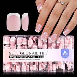 Vansiho 600 puntas de gel francesas, cortas y suaves, uñas postizas rosas con estuche para manicura francesa, 15 tamaños