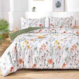 Twin Size Comforter Set, White Yellow Floral, Green Leaf Pattern Print Reversible Down Alternative Bed Sets - 68 x 90 2PC Soft Microfiber Flower Duvet Vintage Farmhouse Bedding in a Bag for Women Men