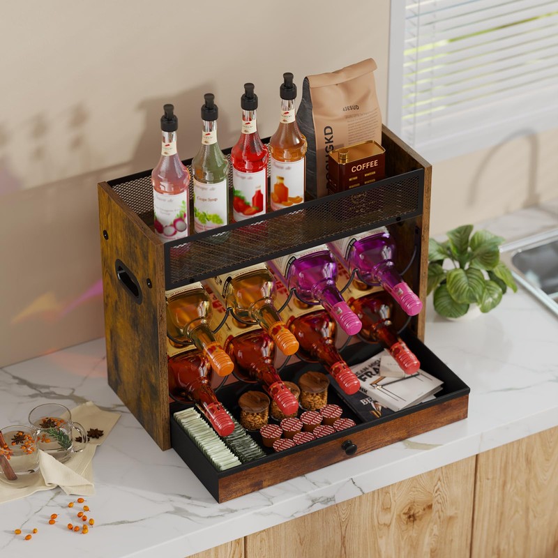 3-Tier Countertop Wine Rack, Coffee Syrup Rack Organizer With Drawer