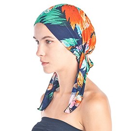 Ashford & Brooks Bandana preatada turbante quimioterapia, bufanda para dormir, Azul Marino/Coral Tropical Fronds, Talla única