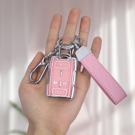 Seedwee for Chevy Silverado Colorado GMC Canyon Sierra 4 Button Key Fob Cover, Soft TPU Keys Protector Bling Key Fob Keychain for 2014 2015 2016 2017 2018 2019 2020 2021 M3N-32337100, Silver Pink