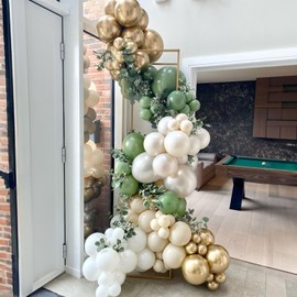 132Pcs Sage Green White Gold Balloons Garland Arch Kit, Pearl White Double Stuffed Balloons 18 12 10 5Inch for Baby Shower Birthday Gender Reveal Wedding Bridal Shower Party Wild One Party Decorations