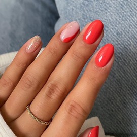 Red Almond Shaped False Nails Short Press on Nails Solid Color Designs Golden Glitter Fake Nails Glossy Reusable Acrylic Nails Sparkly Stick on Nails for Women Girls Nail Decorations 24 Pcs