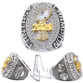 2025 Fantasy Football Championship Ring | Heavy FFL Champion Trophy Ring | Gold Silver Tone Plated Award Trophy for Fantasy Football League Winner (ring and stand together, size 13)