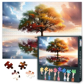 Puzzle 1000 Pieces Autumn Landscape Sunset on the Lake Lonely Tree Colourful Autumn Colours Motif for Adults Relaxation Gift Idea Meditation Decoration 70 x 50 cm