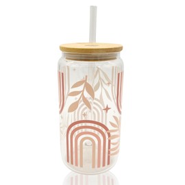 Cute 16oz Clear Glass cup with bamboo lin and plastic straw. (16oz, Boho Rainbow)