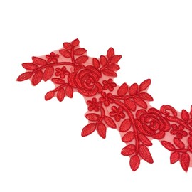 MMvolesy 1 Pair Red Lace Flower Wedding Dress Patch Embroidered Sew for Costume Dress Decor Patch Sewing Applique Crafts 13.75 * 5.5Inch
