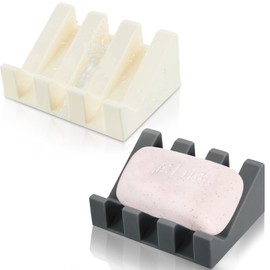 Cunhill 2 Pieces Silicone Soap Dish Self Draining Soap Dish Shower Waterfall Bar Soap Holder Tray with Drain Soap Saver for Kitchen Bathroom Accessories (Dark Grey,Cream White)