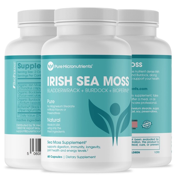 Pure Micronutrients Sea Moss Capsules - 100% Organic Irish Sea Moss Pills with Bladderwrack, Burdock & Black Pepper for Energy, Immunity, Thyroid, Digestion, Heart and Joint Health