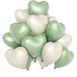 Sage Green White Heart Ballloons,12Pcs 18 Inch Oliver Green Cream Foil Love Heart Shaped Balloons for Baby Shower Birthday Party Bridal Engagement Wedding Anniversary Valentines Day Decorations