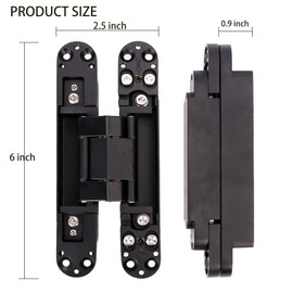 AnvFlik 4-Pack 6 inch Hidden Door Hinges Heavy Duty Black, Invisible Concealed Hinges Zinc Alloy 6''x 2.5''x1Inch, Concealed Hinge 180 Degree Swing Hinge, 3 Way Adjustable with Pins and Screws