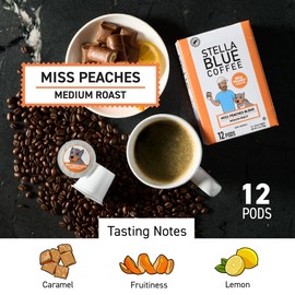 Stella Blue Coffee Pods, Miss Peaches Blend, Medium Roast Citrus Caramel, Fruity Notes 100% Arabica Beans, Ethically Sourced from Central and South America, 12 Recyclable K Cup Compatible Pods