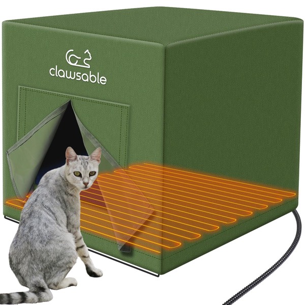 Large Heated Cat House for Outdoor Cats in Winter, Anti-Soaking Insulated Cat House, Elevated & Weatherproof, Warm Cat Shelter with Heating Pad, Outside House Feral Barn Cat (Heated, Large Cuboid)