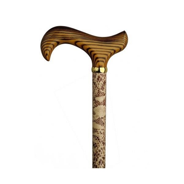 Walking Cane Snakeskin Print on Maple Wood Shaft with scorched Hard Wood Derby Handle. This Wooden Cane has a Weight Capacity of 250 lbs and 35" Long.